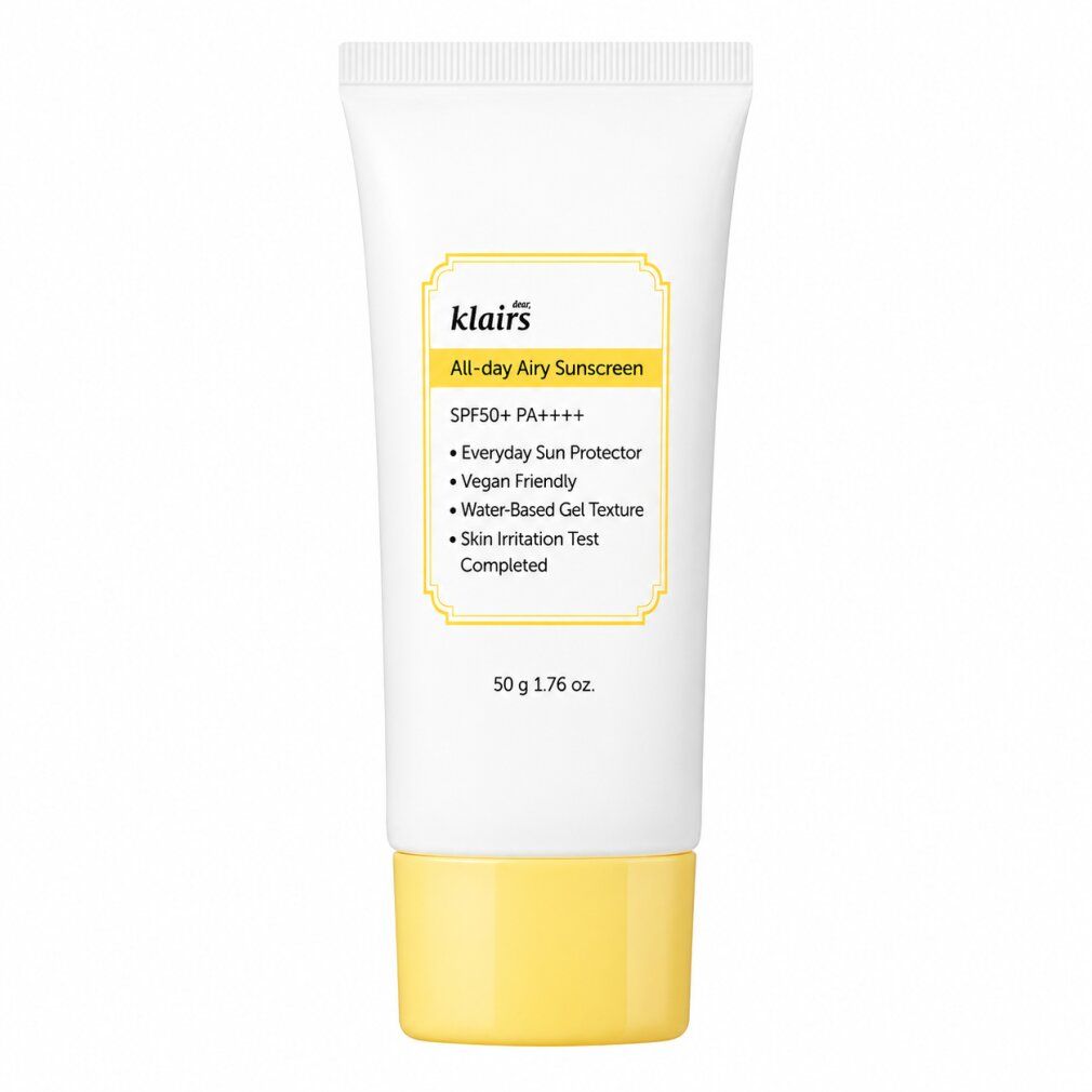 Tubo bianco con tappo giallo, Klairs All-day Airy Sunscreen, SPF50+ PA++++, 50g.
