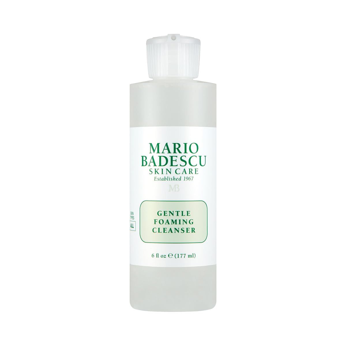Flacone trasparente con tappo bianco. Etichetta con "MARIO BADESCU SKIN CARE" e "GENTLE FOAMING CLEANSER".