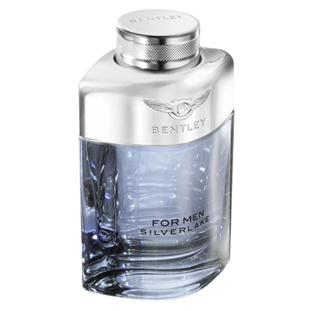 Bentley For Men Silverlake Eau de Parfum Spray. Flacone argento con logo e scritta. Flacone in vetro con tappo argentato.