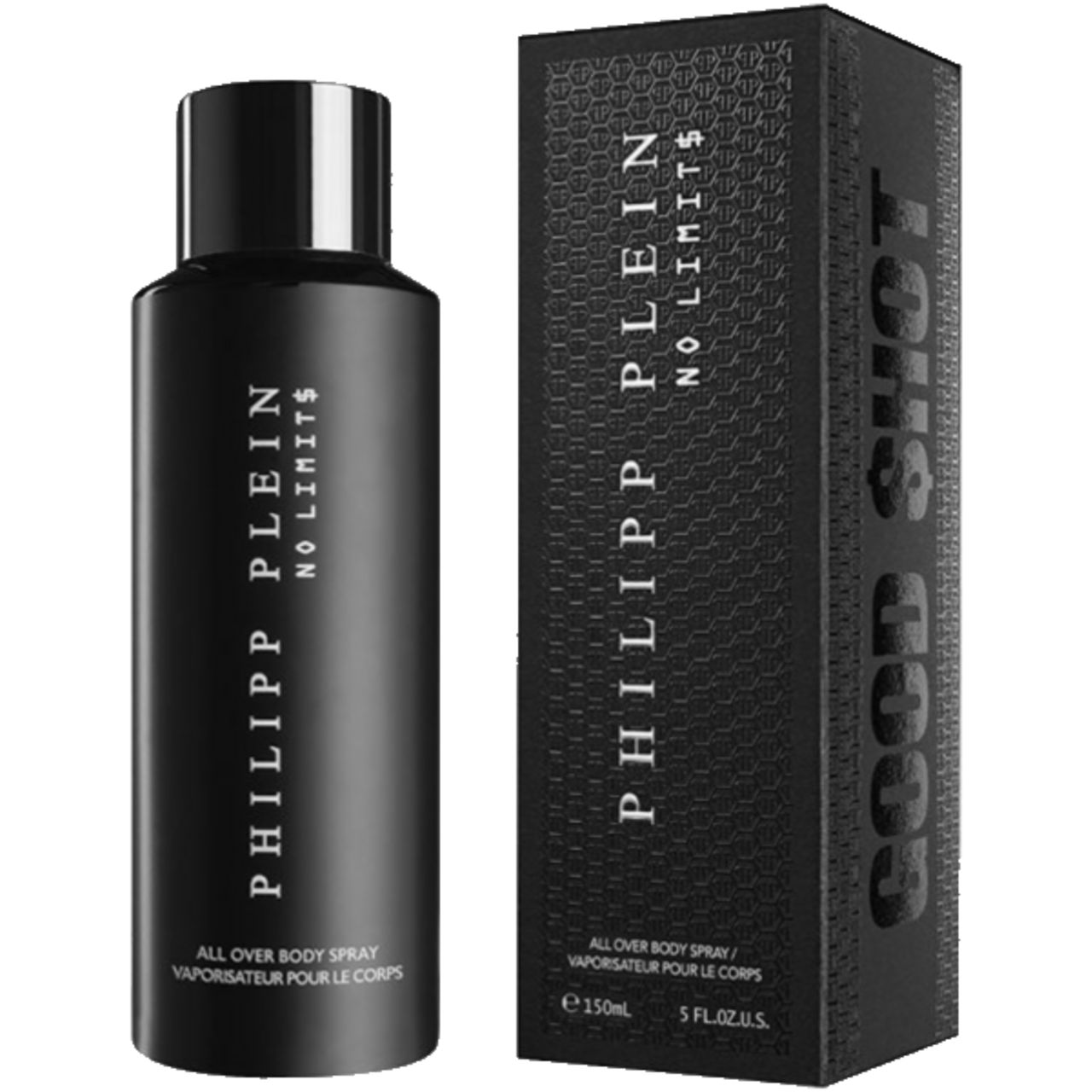 Flacone e scatola neri. Scritta: PHILIPP PLEIN NO LIMIT$. All Over Body Spray. 150ml.