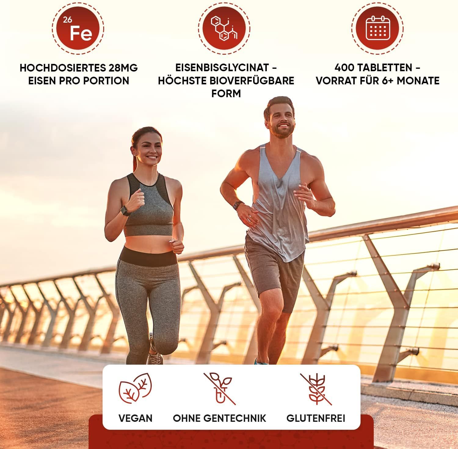 Due corridori su un ponte. Testo: 28mg di ferro per porzione, bisglicinato di ferro, 400 compresse, vegano, senza OGM, senza glutine.