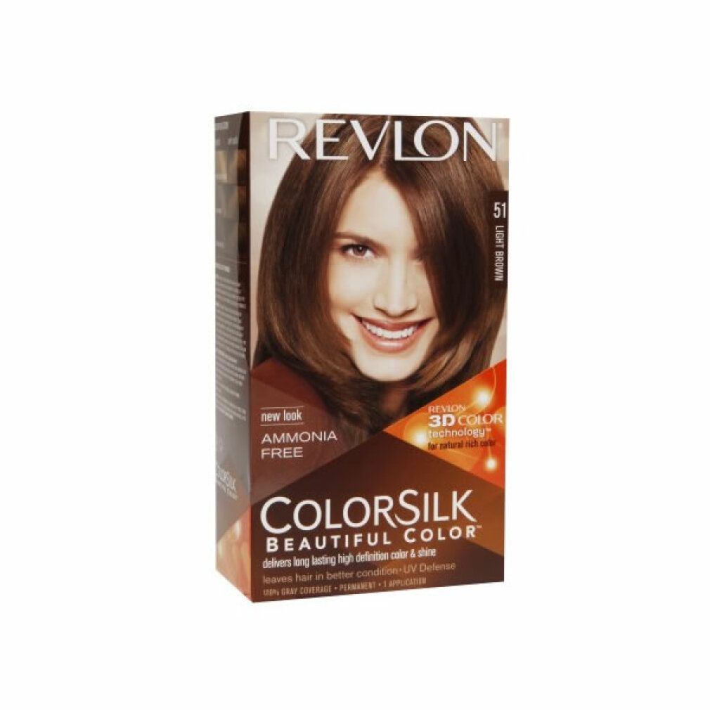 Confezione Revlon Colorsilk. Scritto: 51 Light Brown, senza ammoniaca. Immagine di donna con capelli castani. Confezione prodotto.