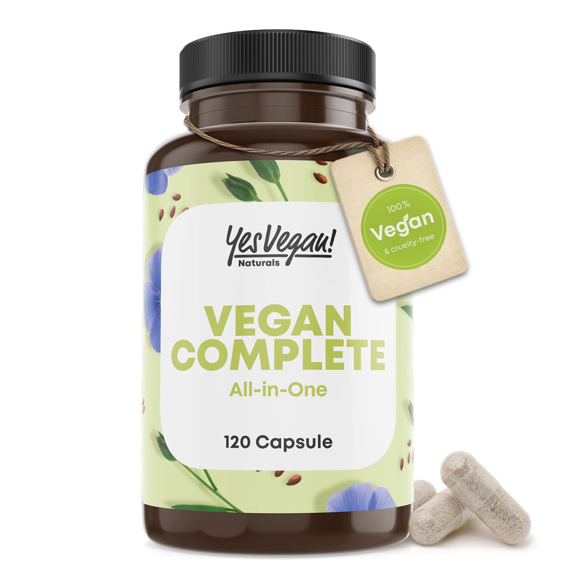 Illustrazione della facile assunzione di 120 capsule vegane.