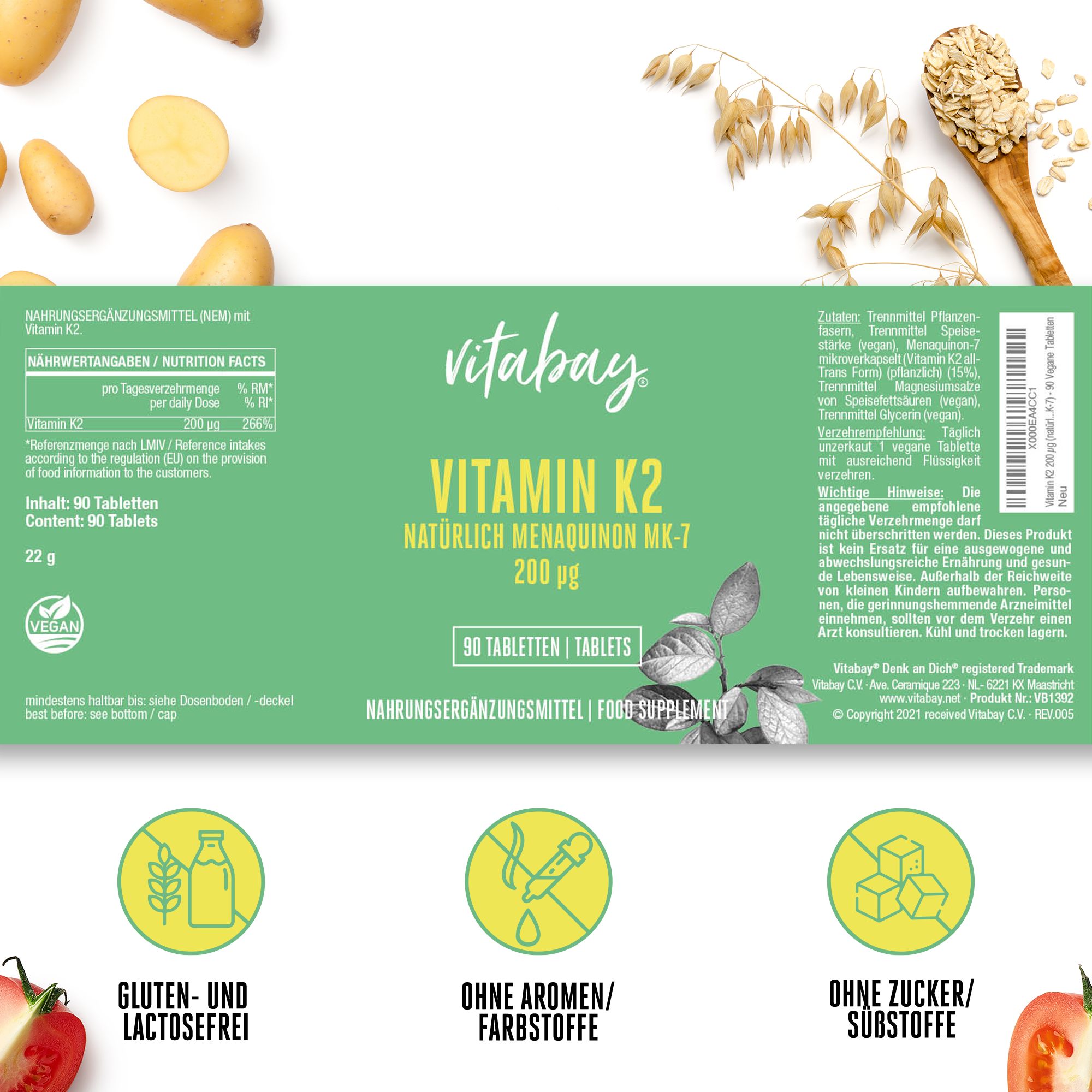 Etichetta Vitabay Vitamina K2 con informazioni nutrizionali, 90 compresse, vegan, senza glutine e lattosio.