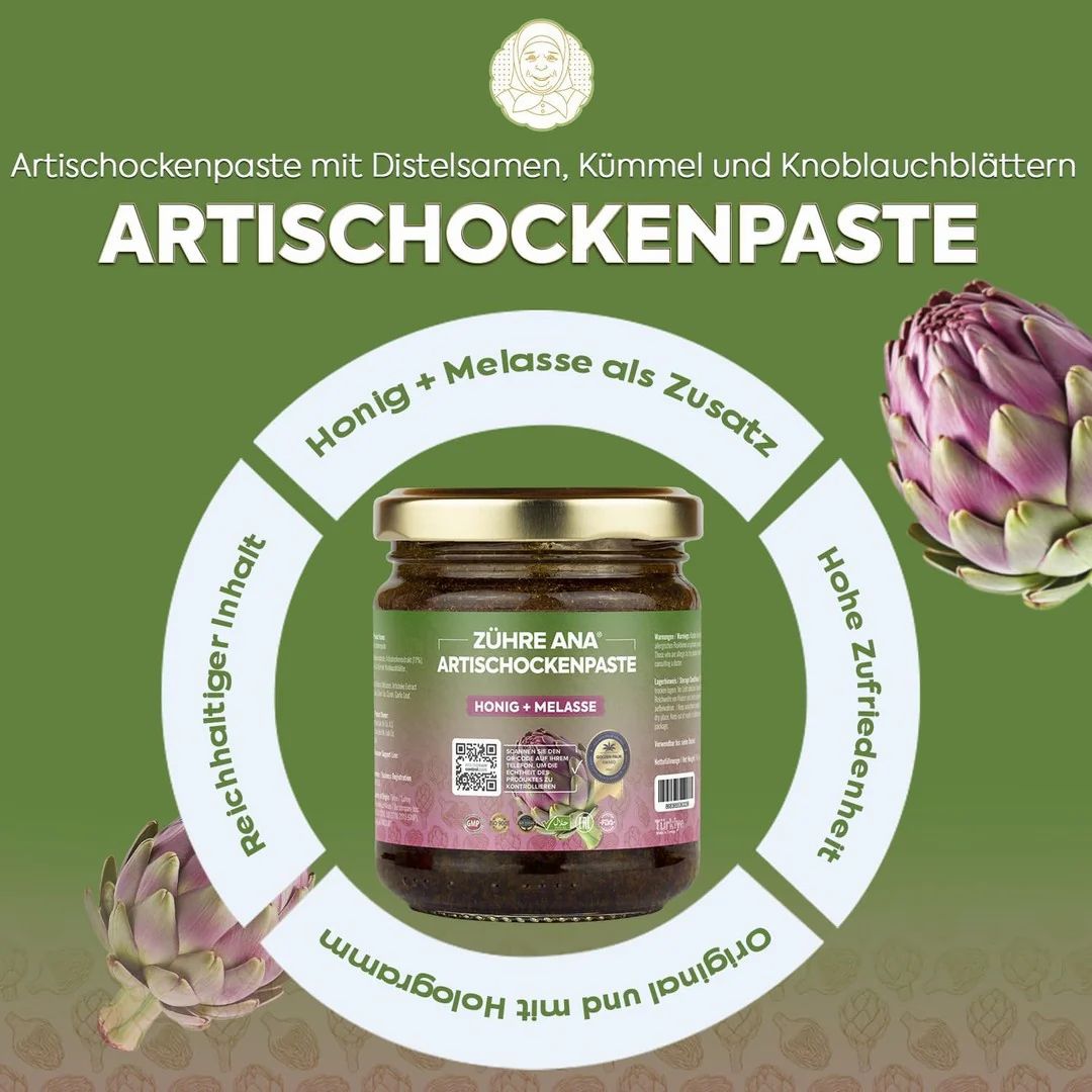 Vasetto di pasta di carciofi Zühre Ana. Scritta: Miele + Melassa. Circondato da illustrazioni e testi sul prodotto.