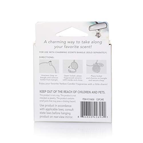 Retro della confezione Yankee Candle Charm Cupcake. Testo con istruzioni e avvertenze. Codice a barre e numero articolo.