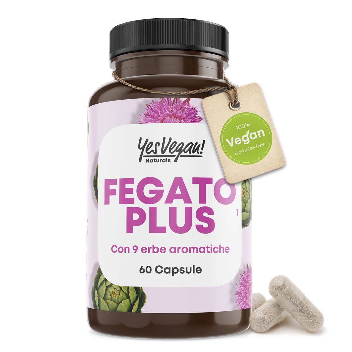 Flacone 'Fegato Plus' (italiano) da 60 capsule, con sigillo vegan e motivo carciofo.