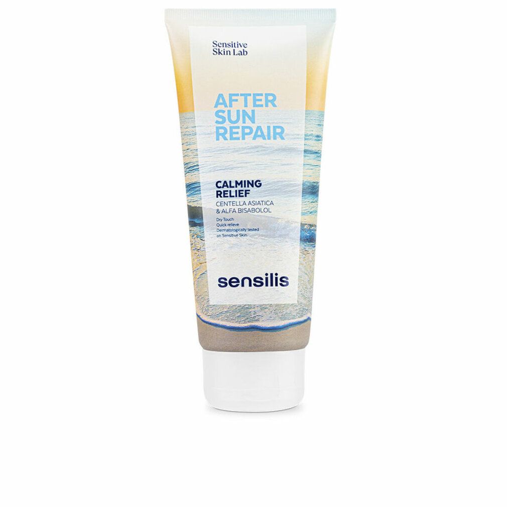 Tubo di gel Sensilis After Sun Repair. Tubo bianco con grafica blu e gialla. Testo: After Sun Repair, Calming Relief, Sensilis.