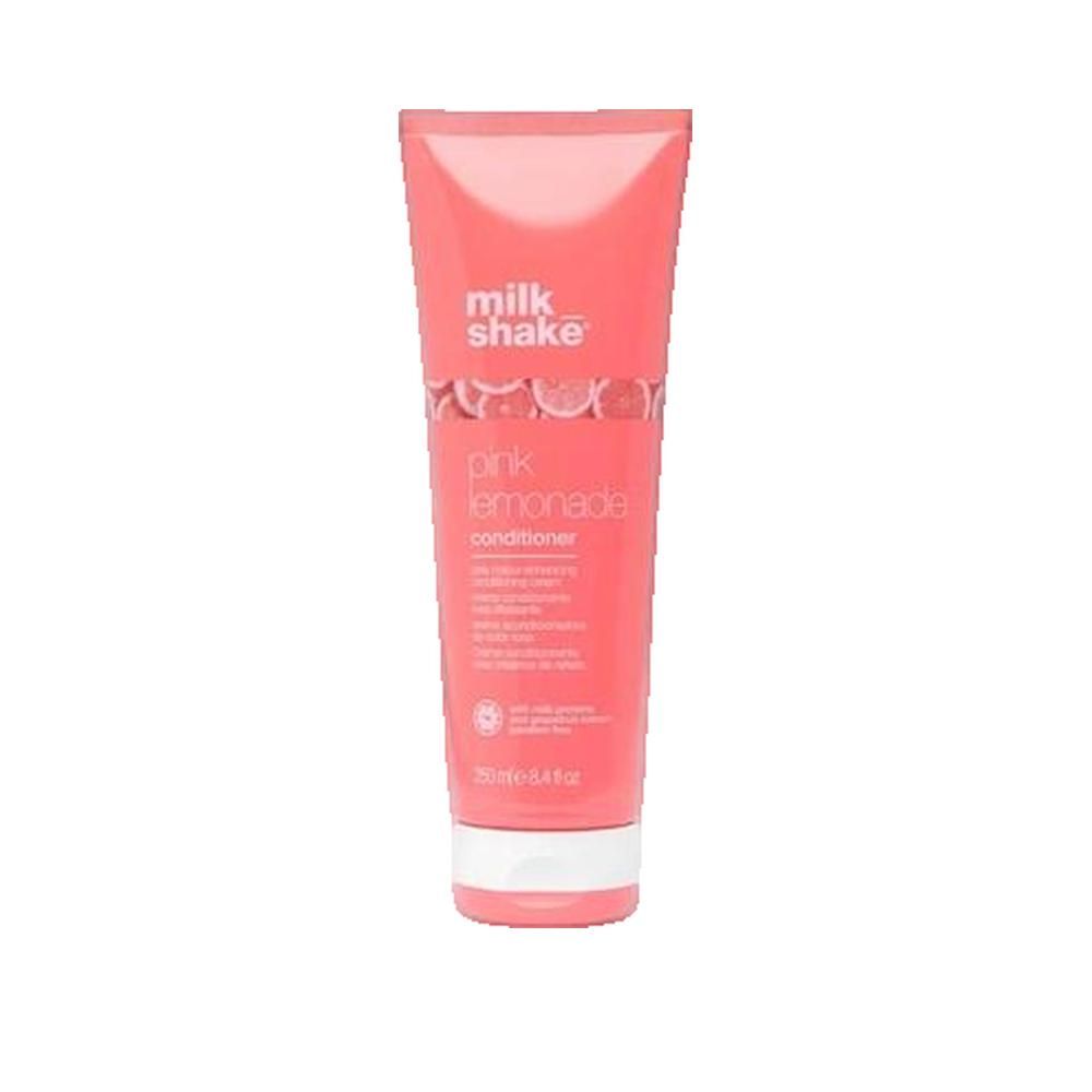 Tubo rosa con nome e testo del prodotto. Contiene 250 ml. Marchio Milk Shake. Pink Lemonade Conditioner.