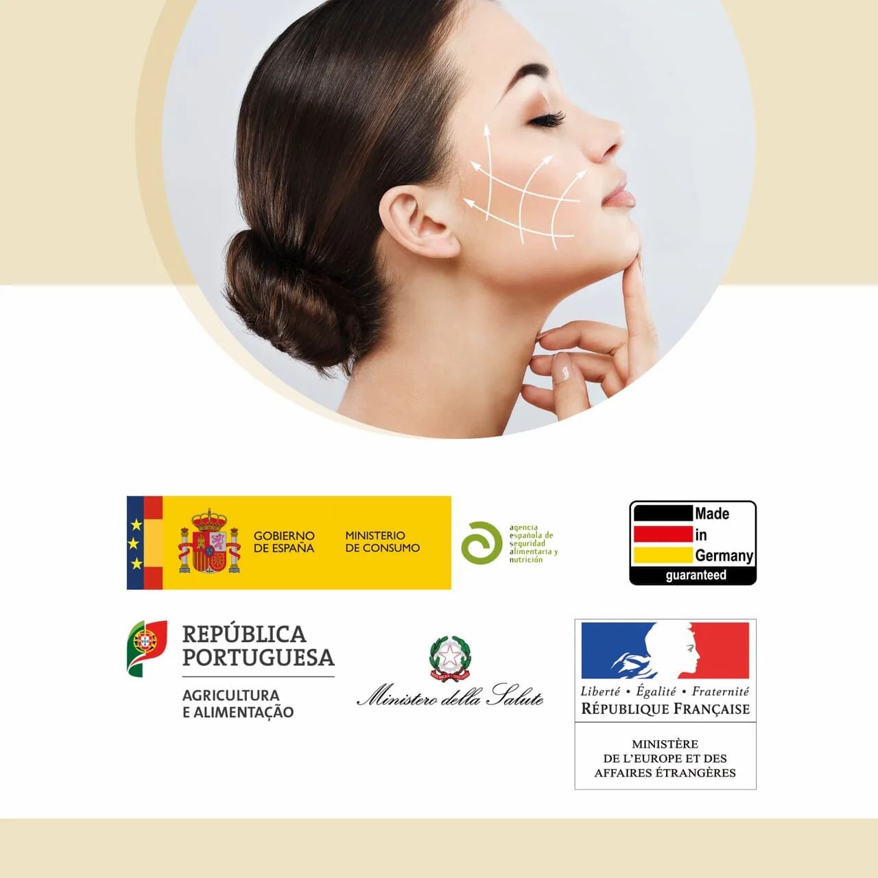 Donna con linee del viso. Loghi: Spagna, Portogallo, Francia, Italia, Germania.