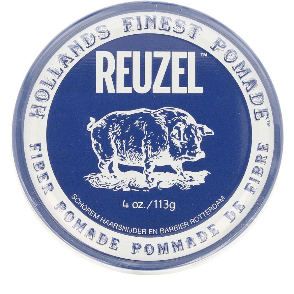 Barattolo rotondo blu con scritta Reuzel Fiber Pomade. Logo maiale e testo. Contenuto: 4 oz/113g.