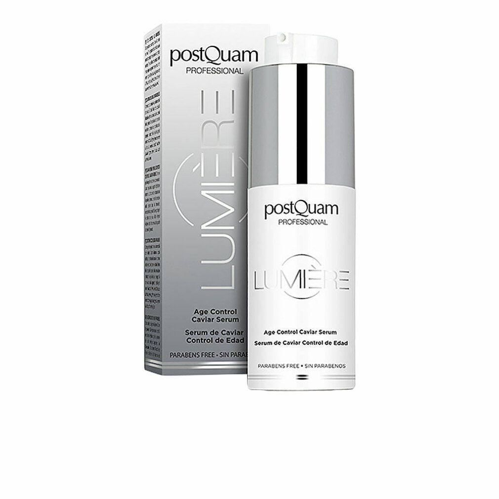 Flacone di siero e confezione. Scritta: Postquam Lumière Age Control Caviar Serum. Senza parabeni.