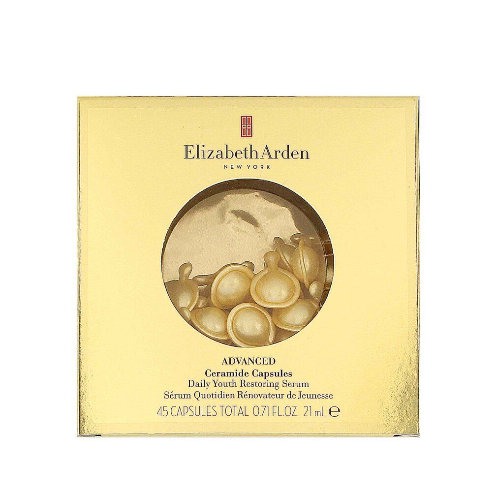 Scatola dorata con capsule di ceramidi. Scritta: Elizabeth Arden, Advanced Ceramide Capsules, Daily Youth Restoring Serum, 45 capsule.
