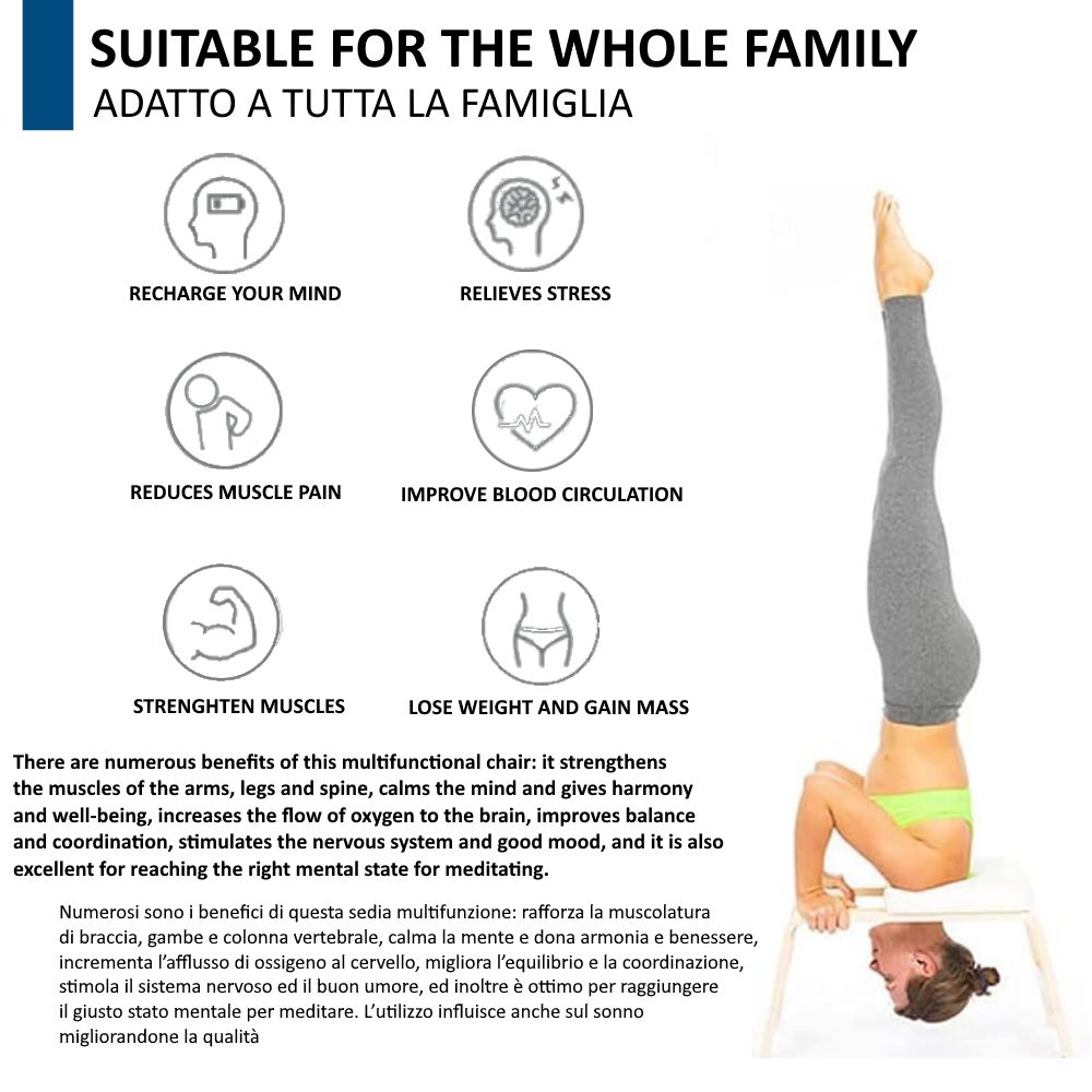 Persona in posizione yoga su sedia da yoga. Testo: « Suitable for the whole family ». Grafici con benefici per la salute.