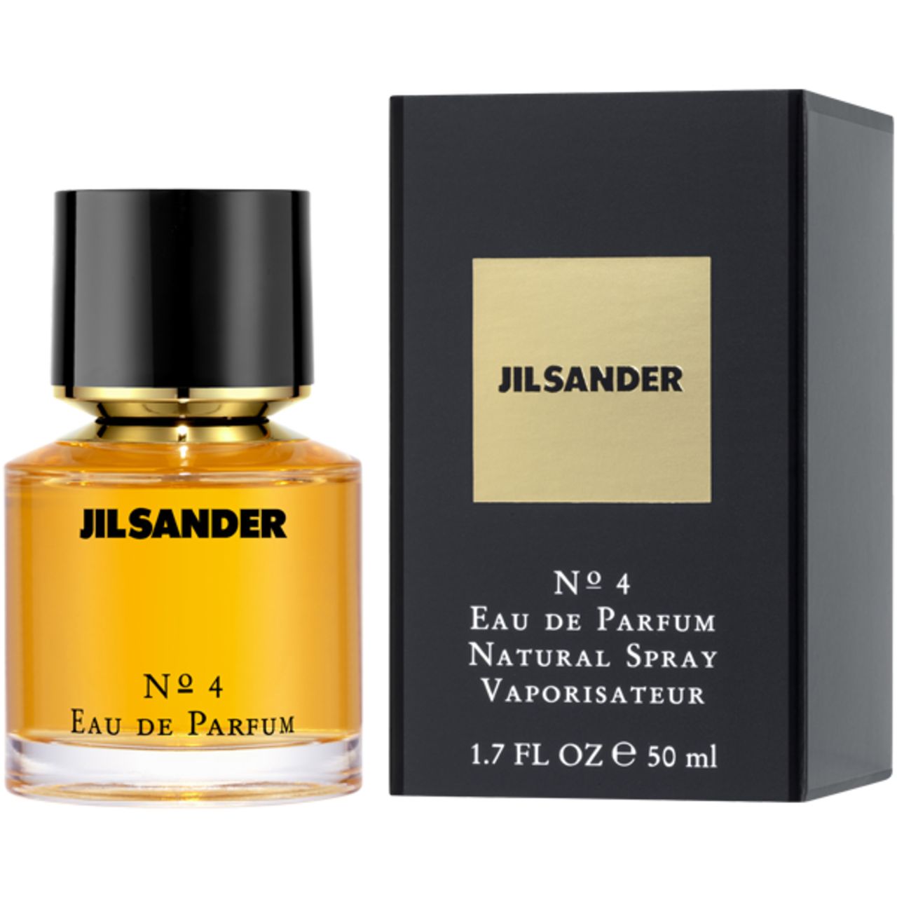 Flacone e scatola nera. Scritta: JIL SANDER, N° 4, Eau de Parfum, Natural Spray, Vaporisateur.