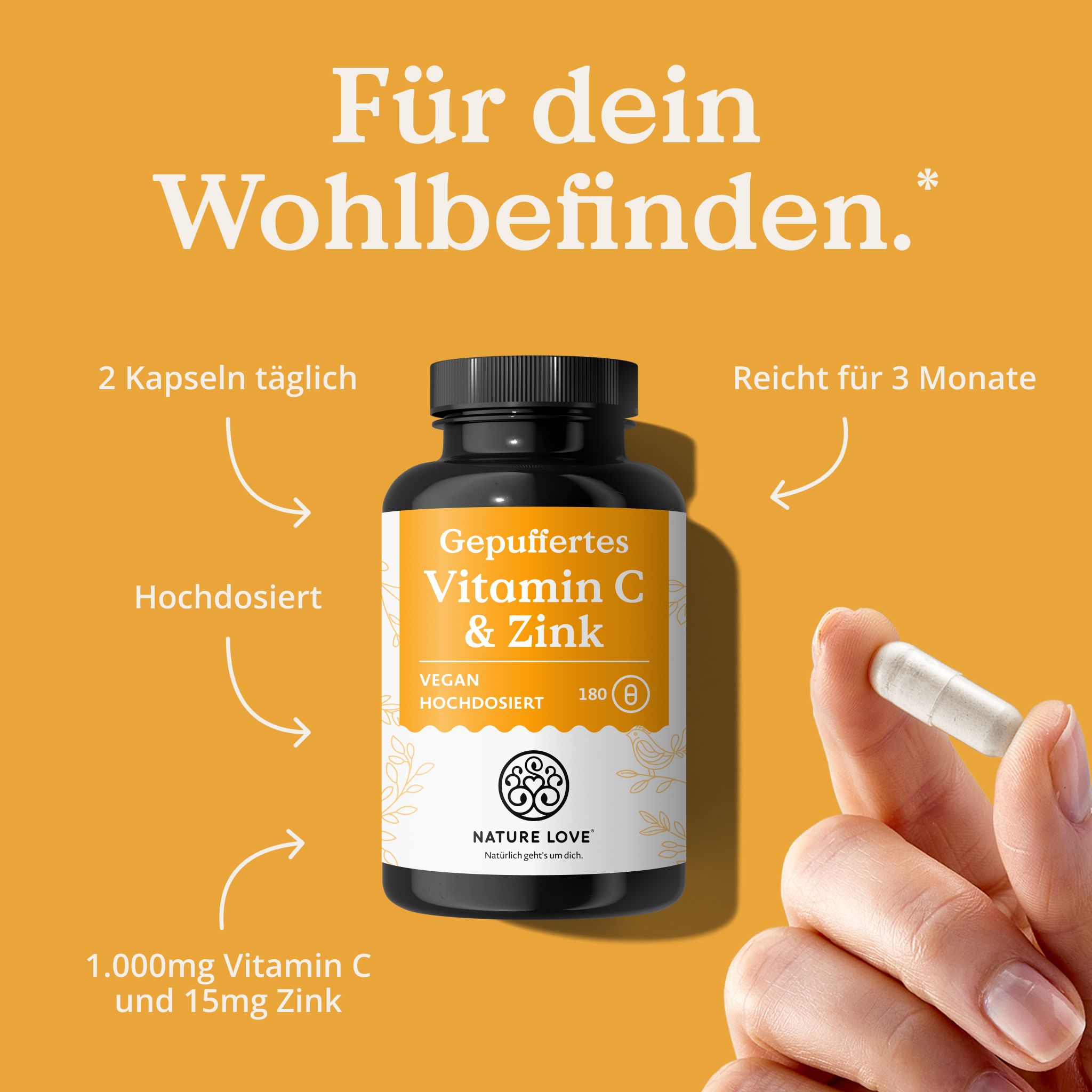 Flacone di vitamina C tamponata e zinco, vegano, ad alto dosaggio, 180 capsule. Adesivo "Molto delicato sullo stomaco".