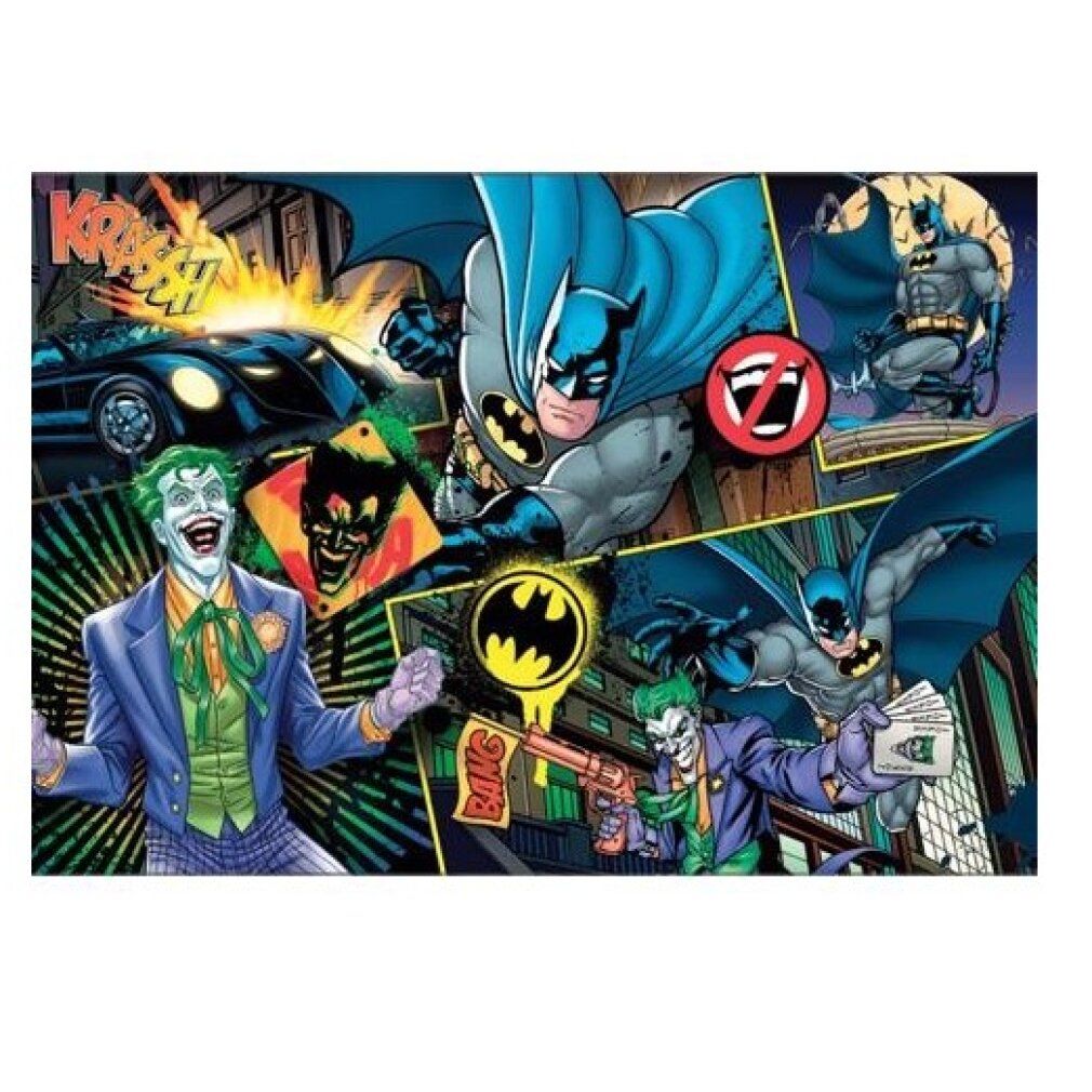 Puzzle con Batman e Joker. 104 pezzi. Marchio: Clementoni. Logo Batman e illustrazioni di Joker. Stile fumetto.