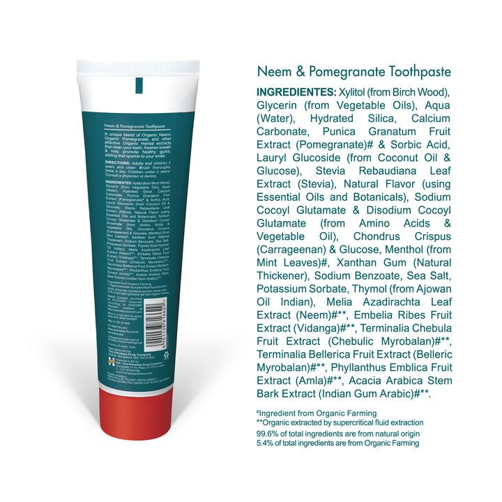 Retro di un tubetto di dentifricio con elenco ingredienti e istruzioni per l'uso.
