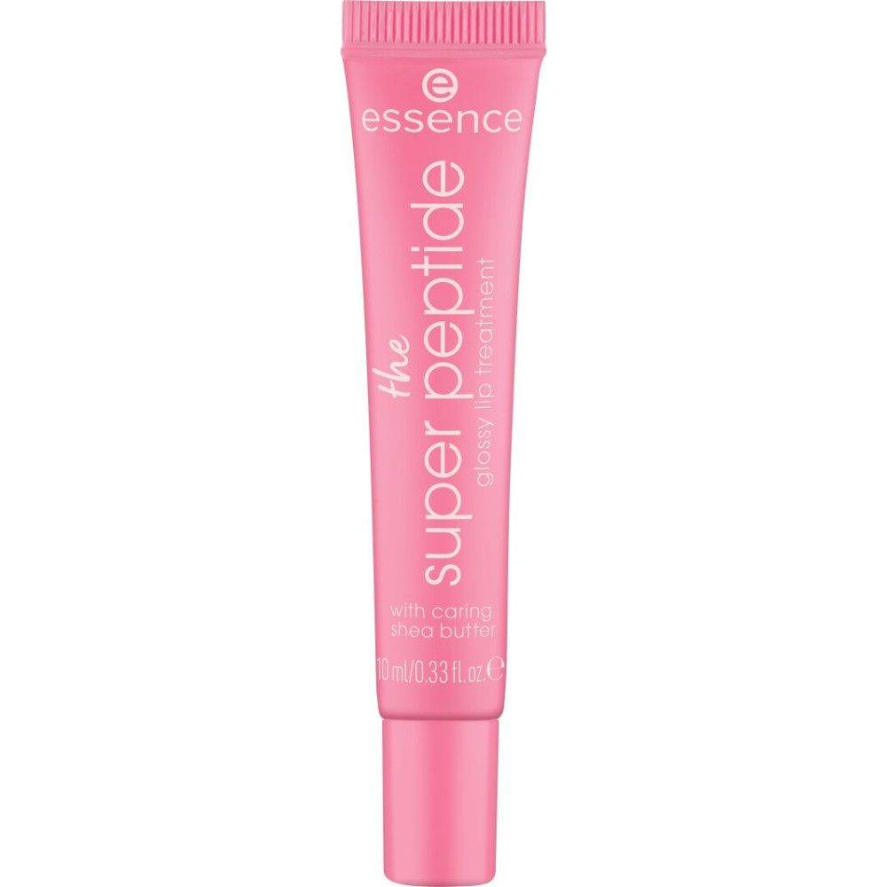 Tubo rosa con testo del prodotto. Marchio Essence, nome prodotto: The Super Peptide, Glossy Lip Treatment. Con burro di karité. 10 ml.