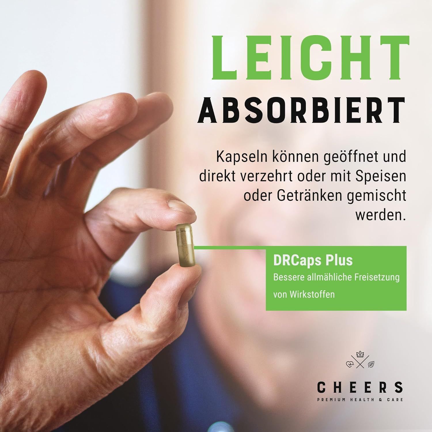 Mano tiene capsula. Testo: Capsule possono essere aperte e miscelate. DRCaps Plus. Logo CHEERS.