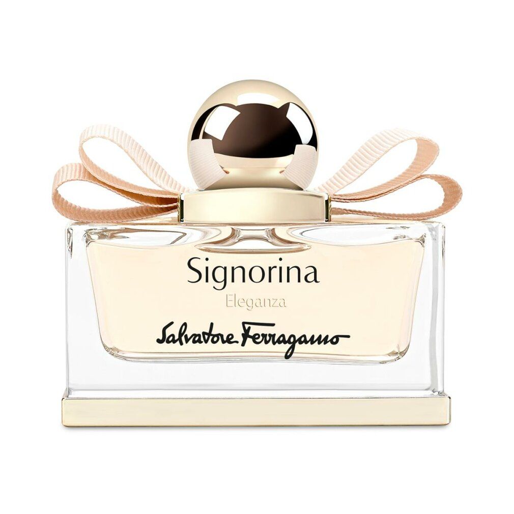 Flacone quadrato con tappo dorato e fiocco. Scritta: Signorina Eleganza, Salvatore Ferragamo. Contenuto trasparente.