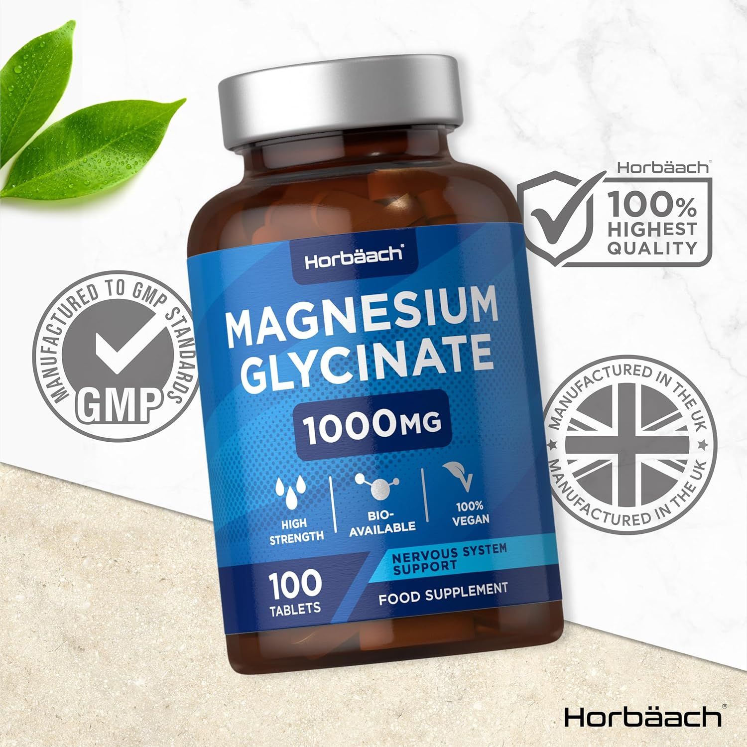 Flacone marrone con etichetta blu. Magnesium Glycinate 1000mg, 100 compresse. Certificazione GMP, 100% alta qualità, prodotto nel Regno Unito.