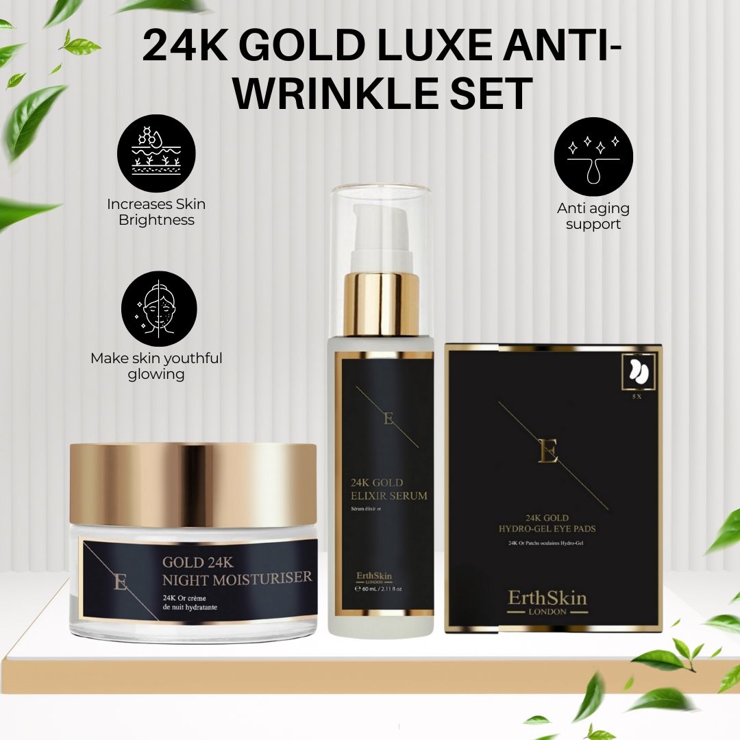 Set per la cura della pelle con crema, siero e patch occhi. Etichette nere con testo dorato. '24K Gold' e 'ErthSkin London'.