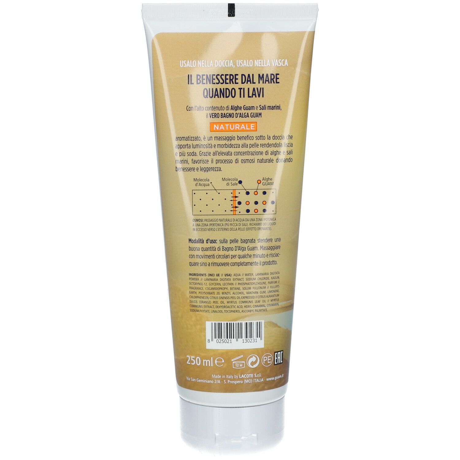 Retro del tubo GUAM Bagno d'Alga Aromatizzato. Informazioni e ingredienti. Contiene 50% alghe marine fresche.