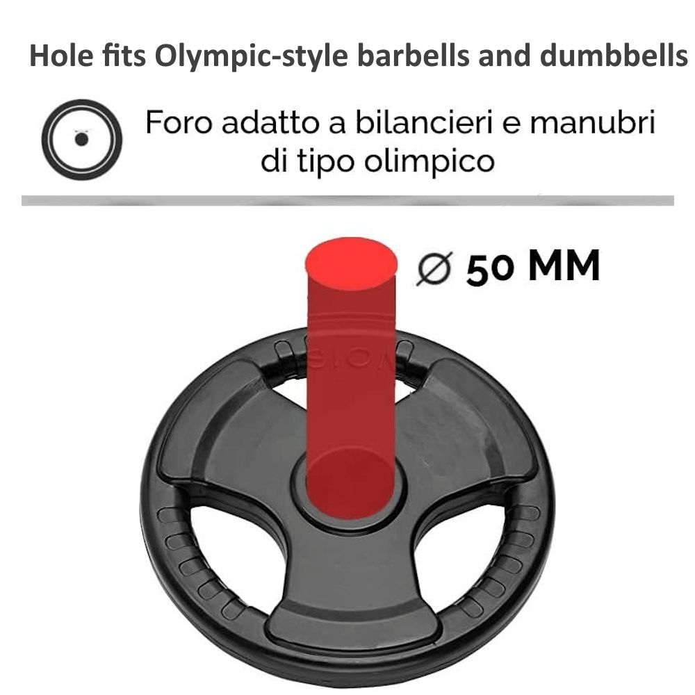 Disco nero con maniglie. Diametro 50 mm. Testo: "Hole fits Olympic-style barbells and dumbbells".