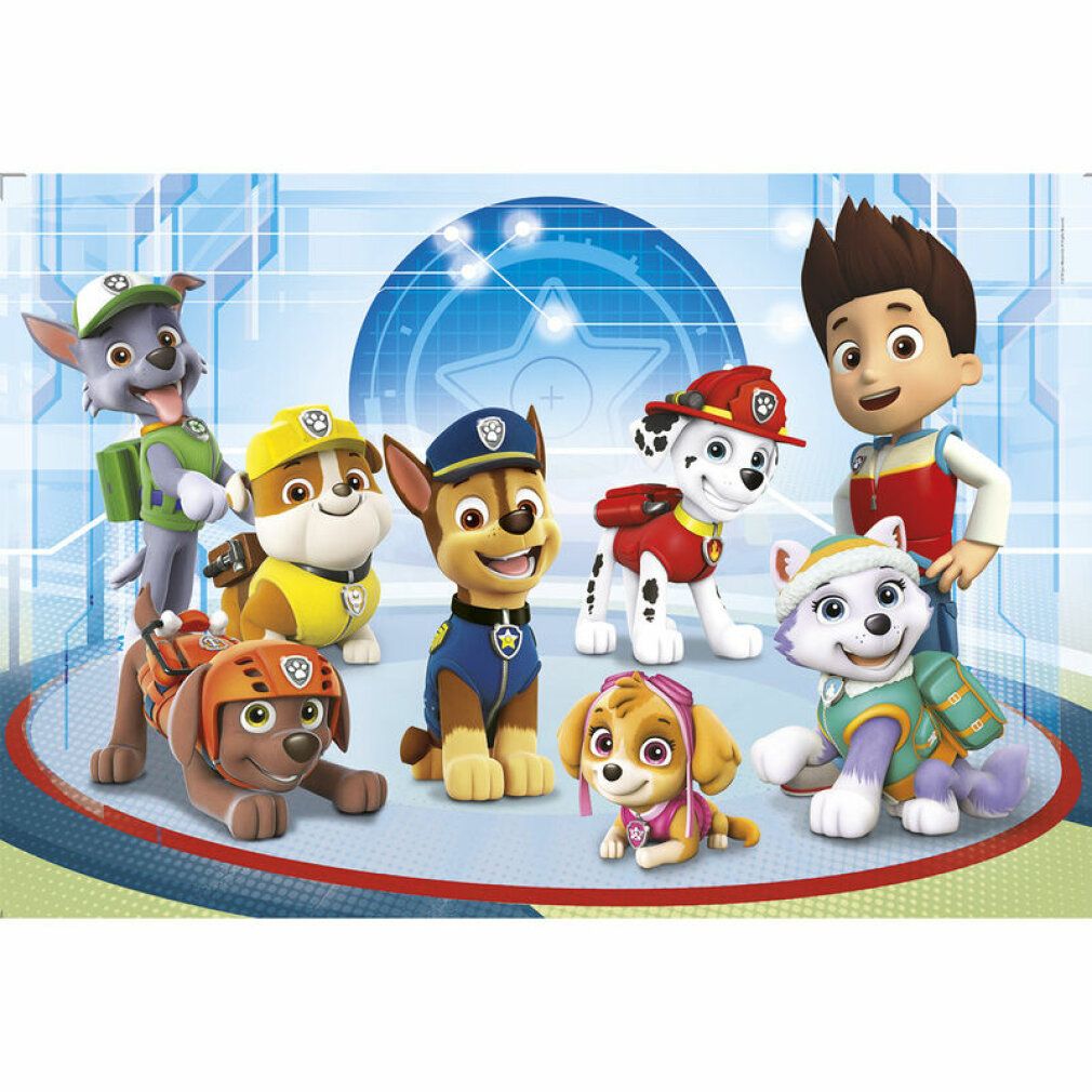 Puzzle Clementoni Paw Patrol: Freunde maxi. Pezzi di puzzle con personaggi Paw Patrol. Personaggi su sfondo blu. Puzzle assemblato.