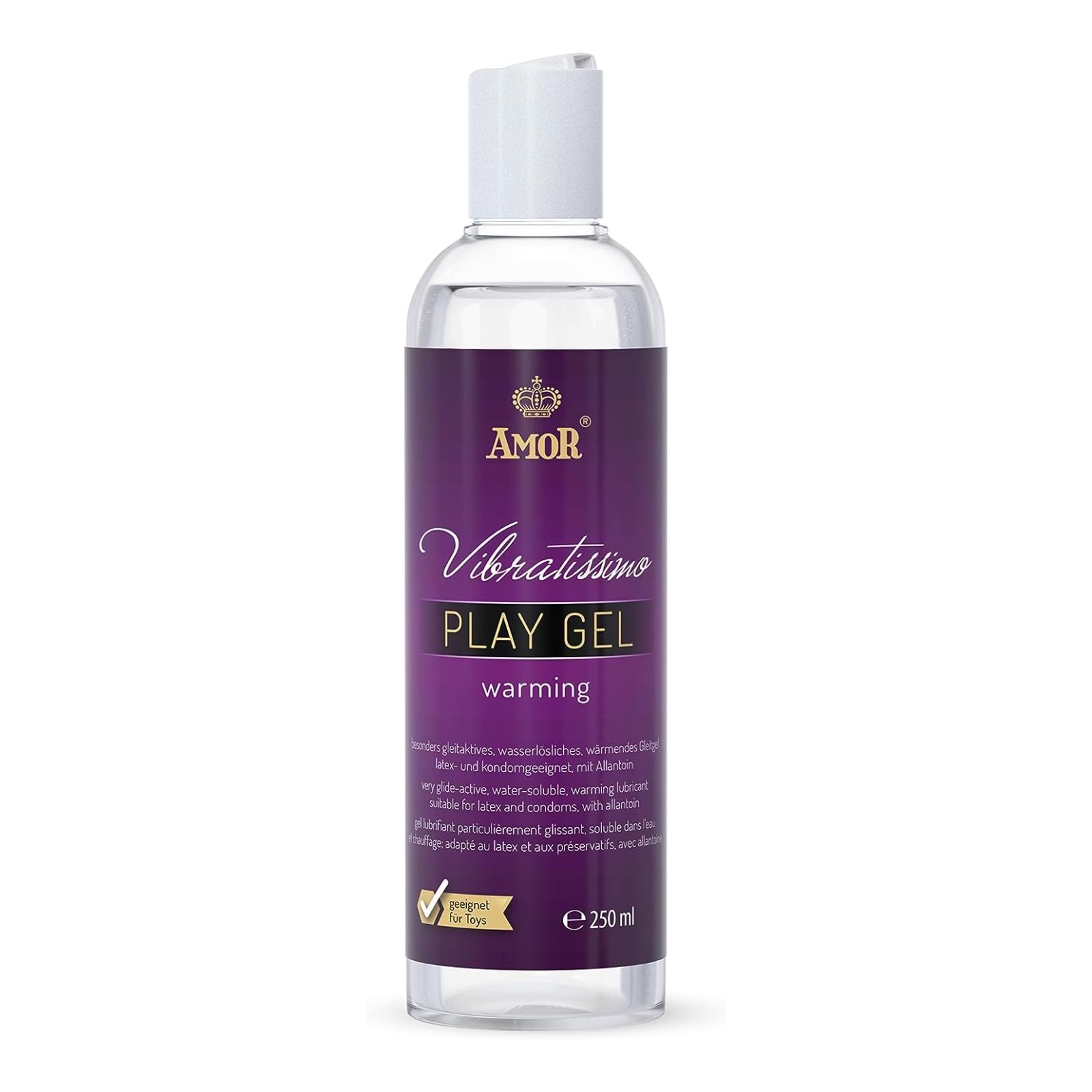Flacone di Vibratissimo Play Gel Warming, 250ml. Liquido trasparente con etichetta viola.