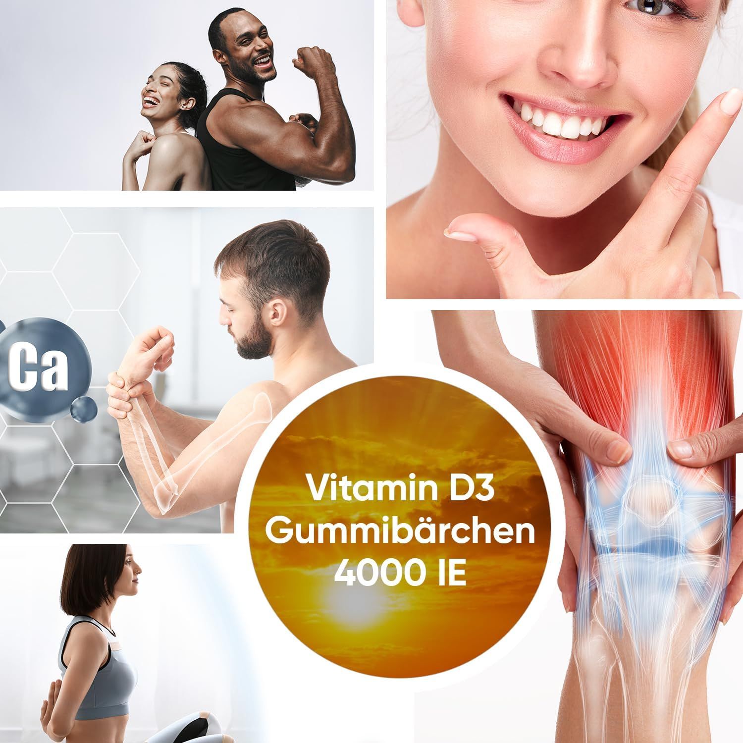Collage di immagini. Caramelle gommose alla vitamina D3, 4000 UI. Immagini di persone e ossa. Testo: Caramelle gommose alla vitamina D3.