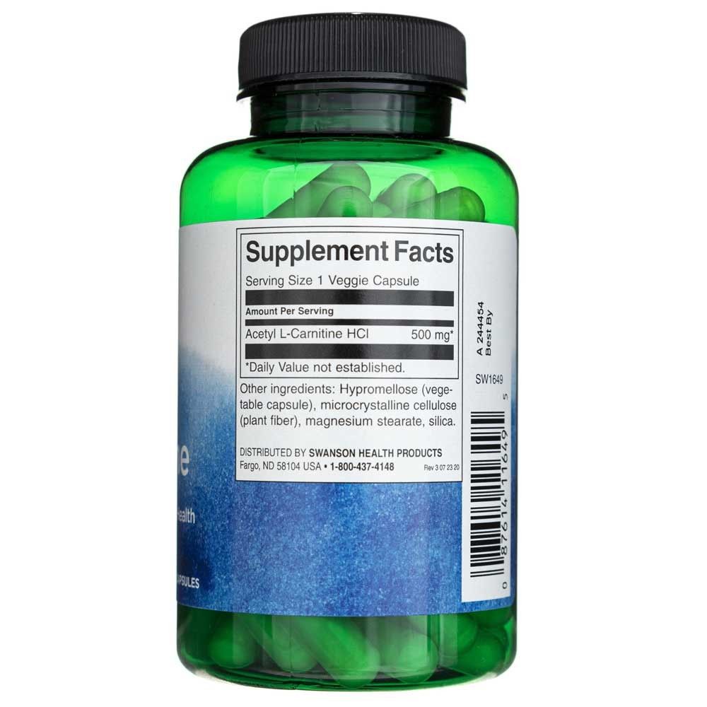 Retro di una bottiglia di Swanson Acetil L-Carnitina con informazioni nutrizionali e ingredienti.