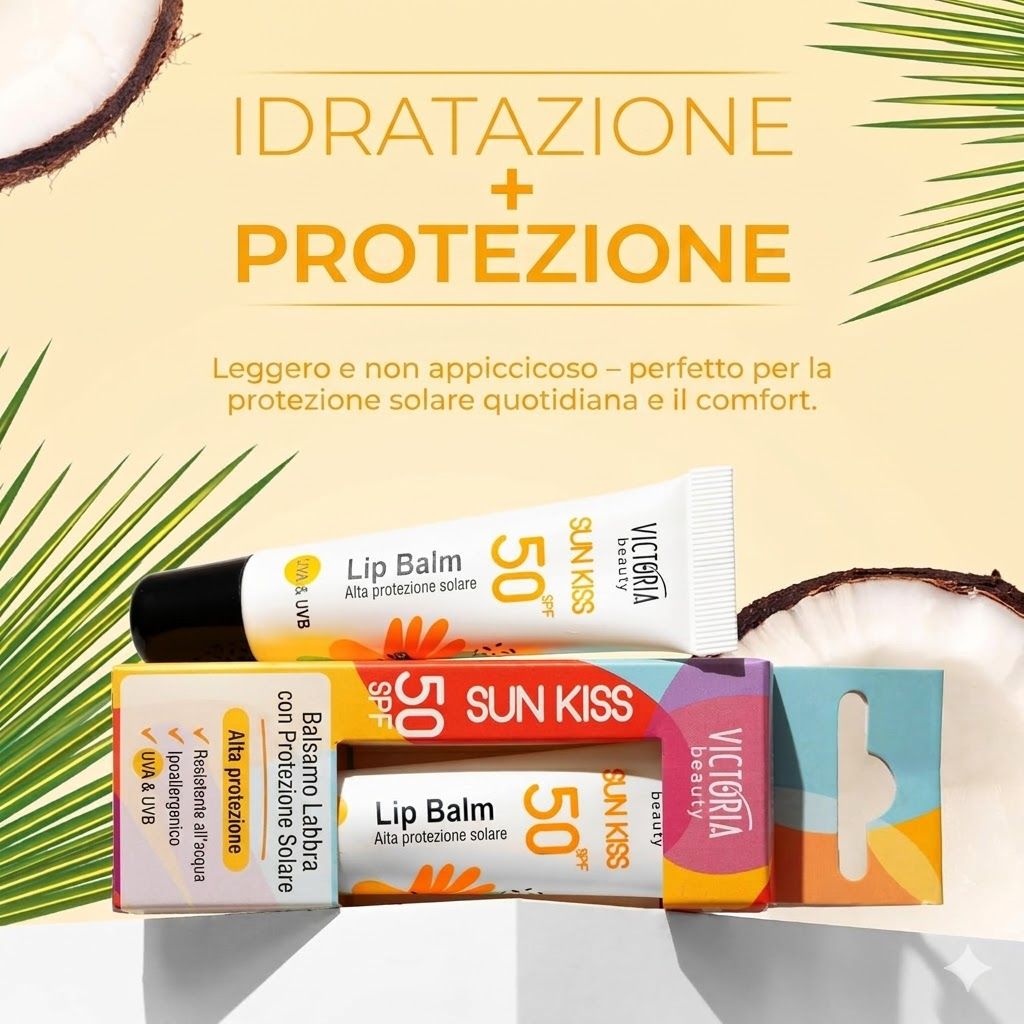 Victoria Beauty Sun Kiss Lip Balm SPF 50. Tubo e confezione. Testo: Idratazione + protezione, SPF 50, resistente all'acqua, ipoallergenico.