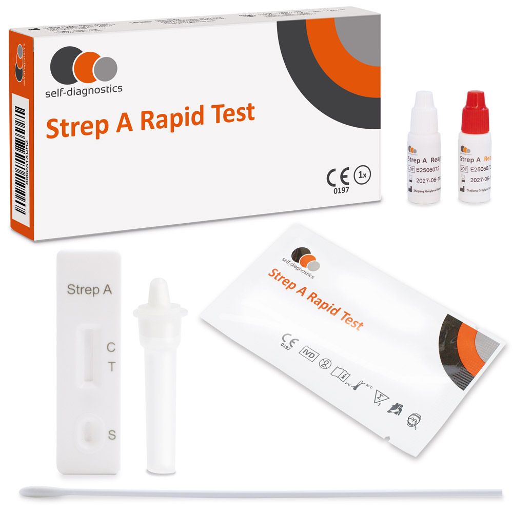 Kit per test rapido Strep A. Confezione, provette, tampone e striscia. Marchio self-diagnostics.