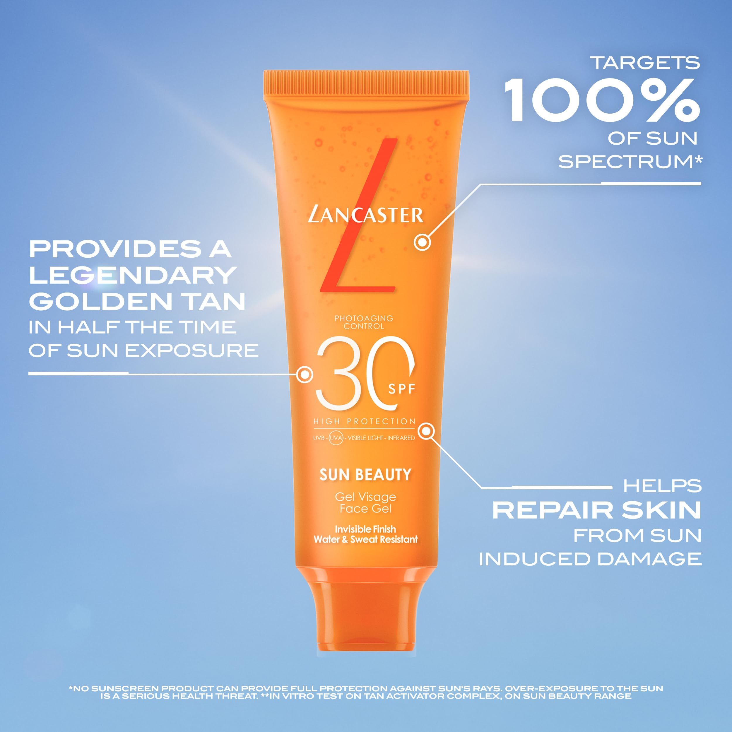 Tubo arancione con testo: "Lancaster", "30 SPF", "Sun Beauty", "Gel Visage Face Gel". Testo: Ripara i danni alla pelle. 100% spettro solare.