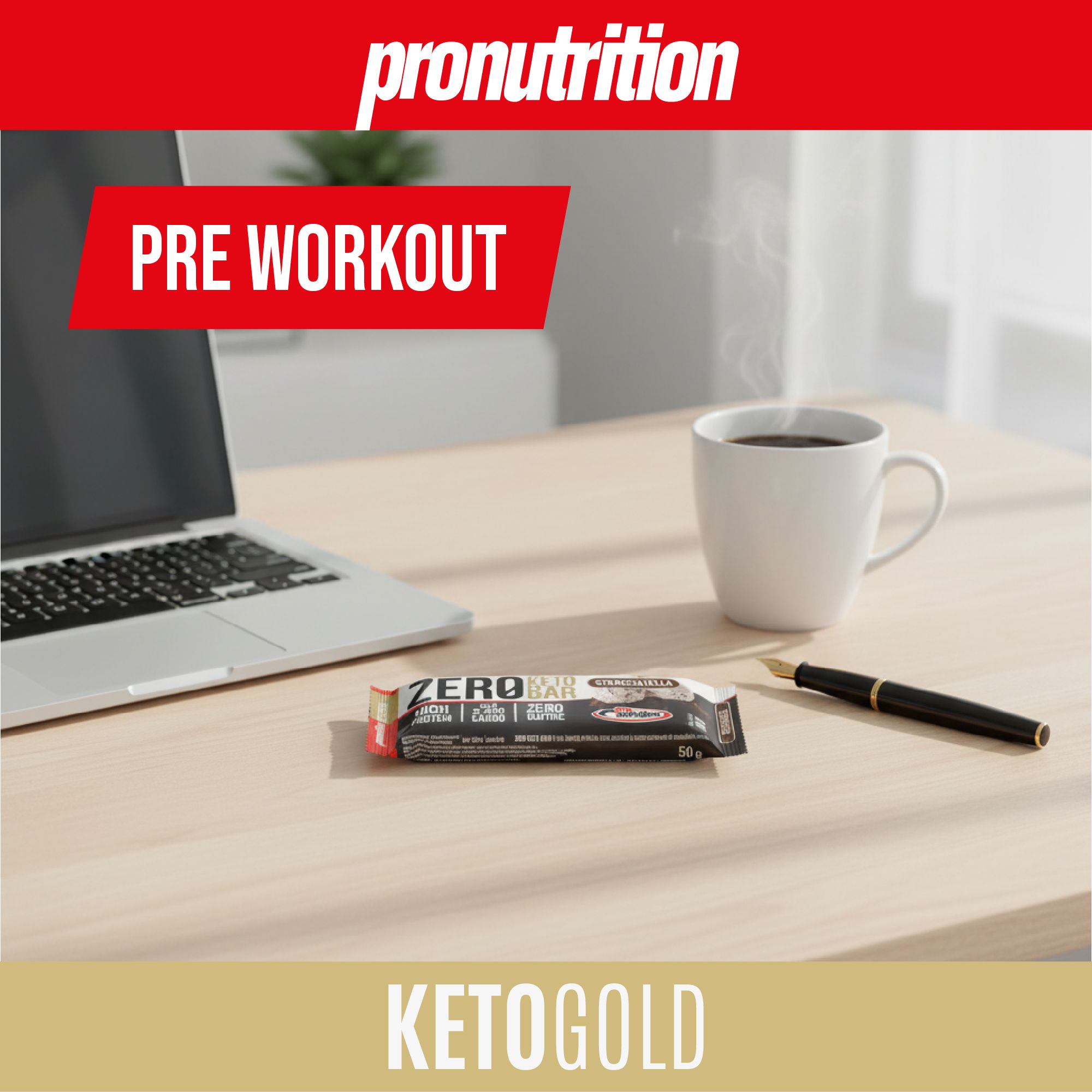 Barretta su tavolo con laptop, tazza e penna. Scritta: ZERO KETO BAR.