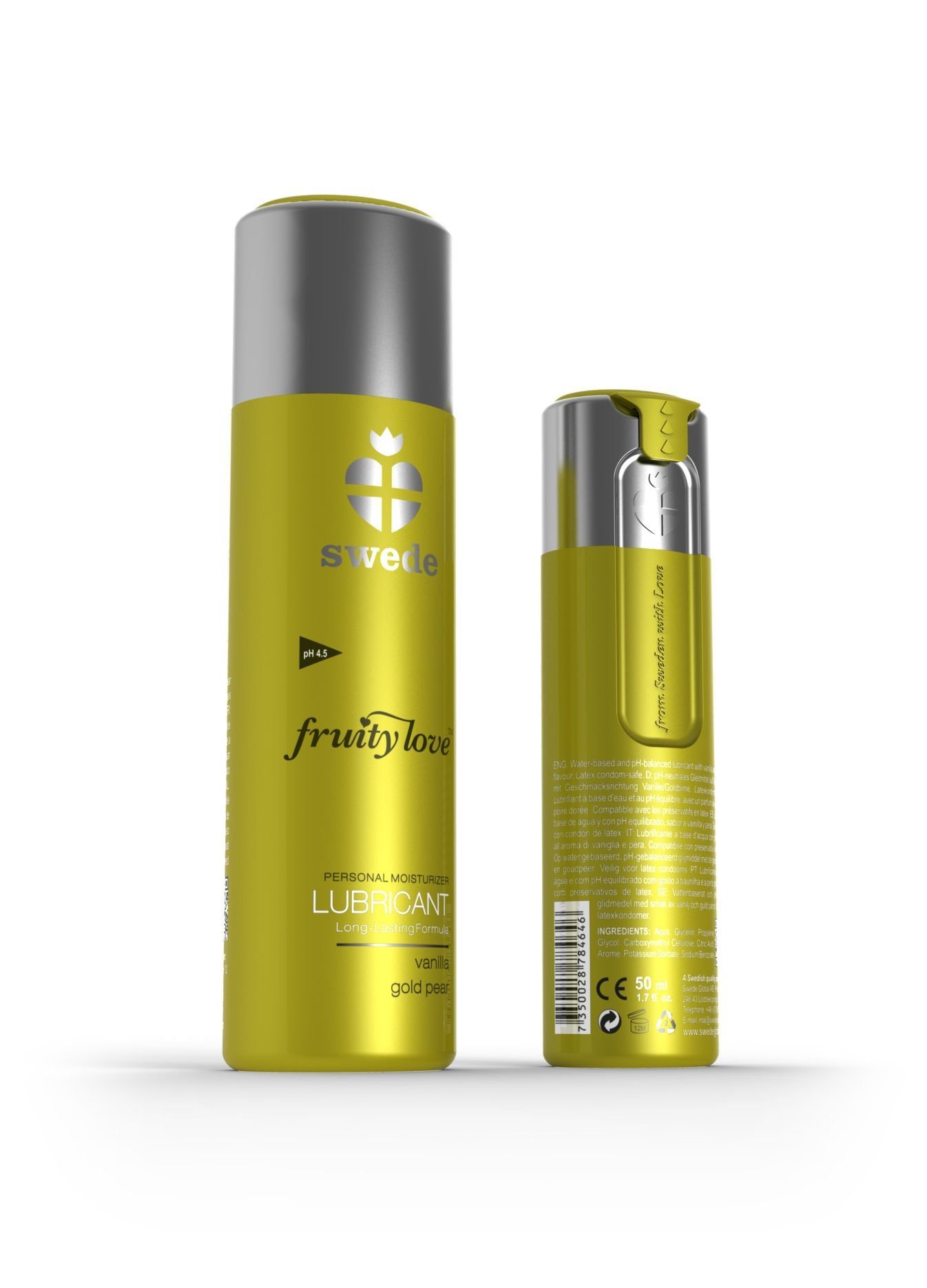 Due flaconi. Flacone giallo con tappo argentato. Scritta: fruity love, Lubricant. Flacone più piccolo con scritta.