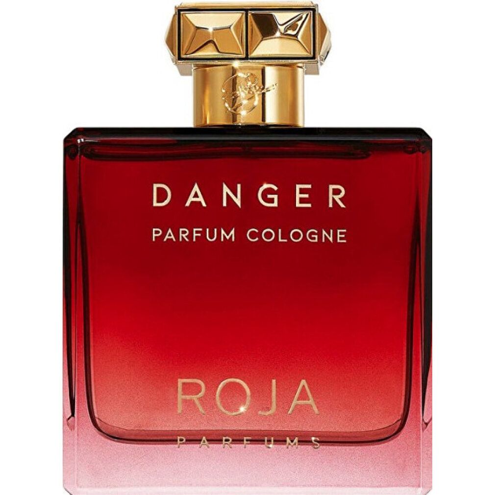 Flacone rettangolare con tappo dorato. Sfumatura rossa. Scritta: Danger Parfum Cologne, Roja Parfums.