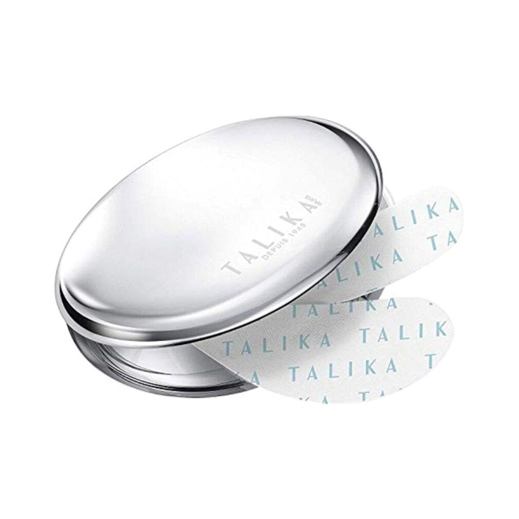 Contenitore ovale argentato con due patch per occhi. I patch riportano la scritta "TALIKA".