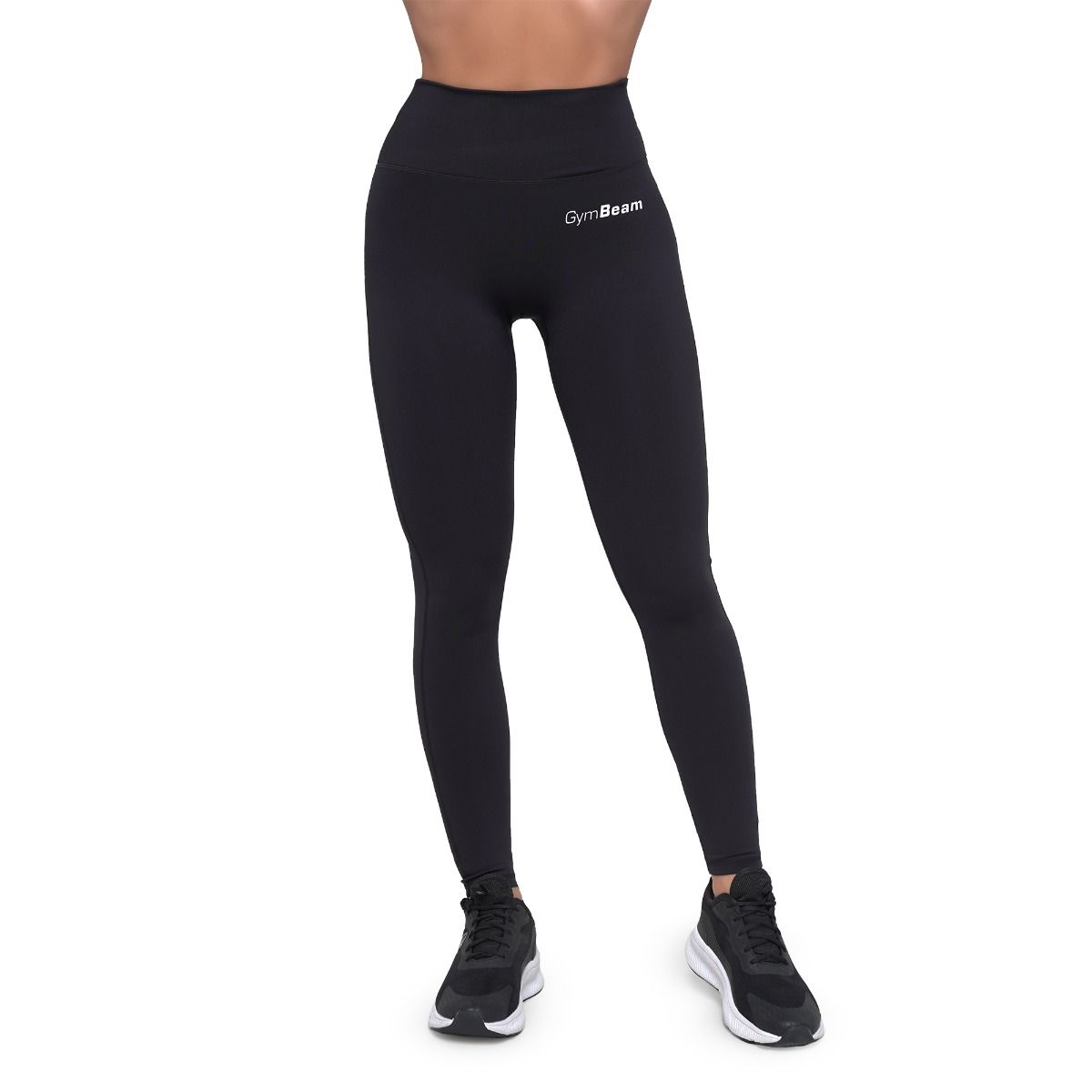 Leggings neri da donna a vita alta con logo GymBeam sul fianco sinistro.