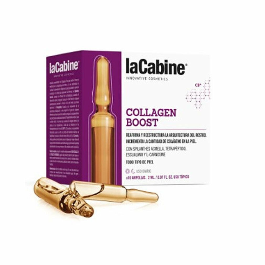 Confezione di La Cabine Collagen Boost Ampoules. Due fiale davanti. Scritta: Collagen Boost, 10 fiale.