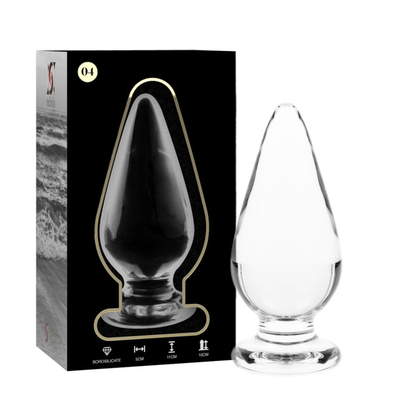 Spina anale in vetro borosilicato, affusolata, con flangia. Vista laterale, sdraiata.