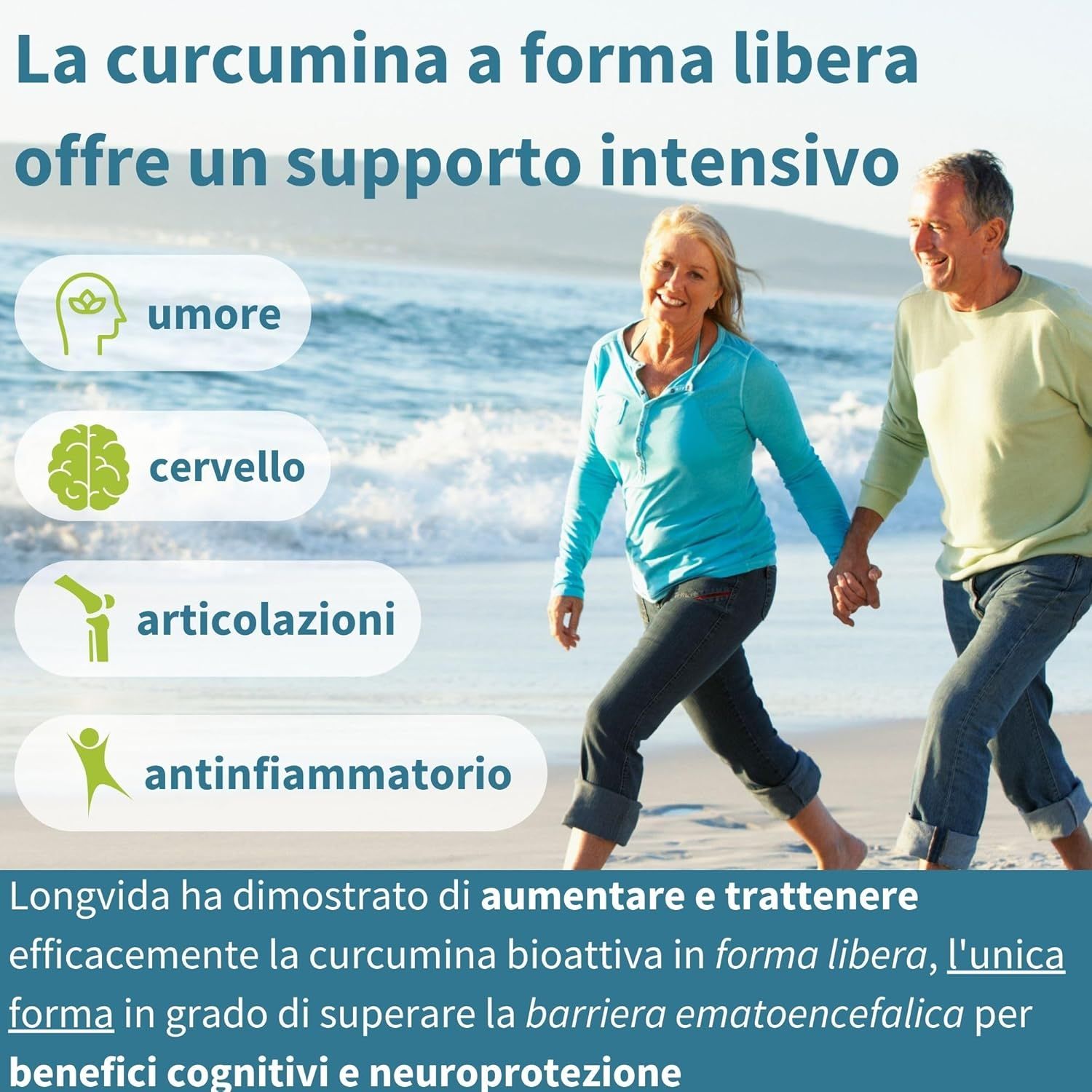 Coppia di anziani che cammina sulla spiaggia. Testo: La curcumina in forma libera offre un supporto intensivo.