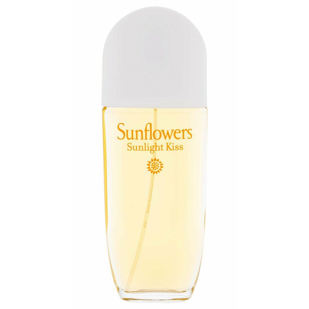 Elizabeth Arden Sunflowers Sunlight Kiss. Flacone con tappo bianco. Liquido giallo visibile. Logo girasole sul flacone.