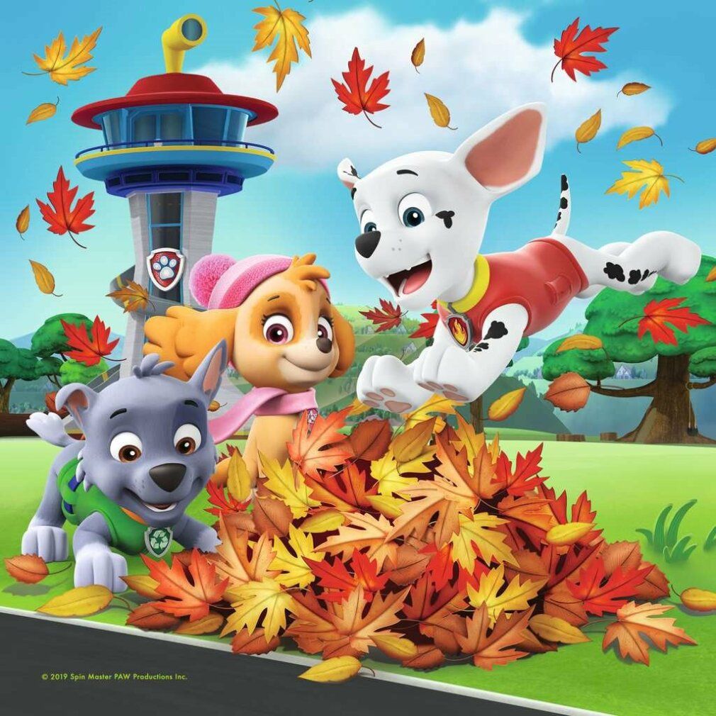 Motivo puzzle con personaggi Paw Patrol. Cani che giocano tra le foglie d'autunno. Torre sullo sfondo. Scena colorata.
