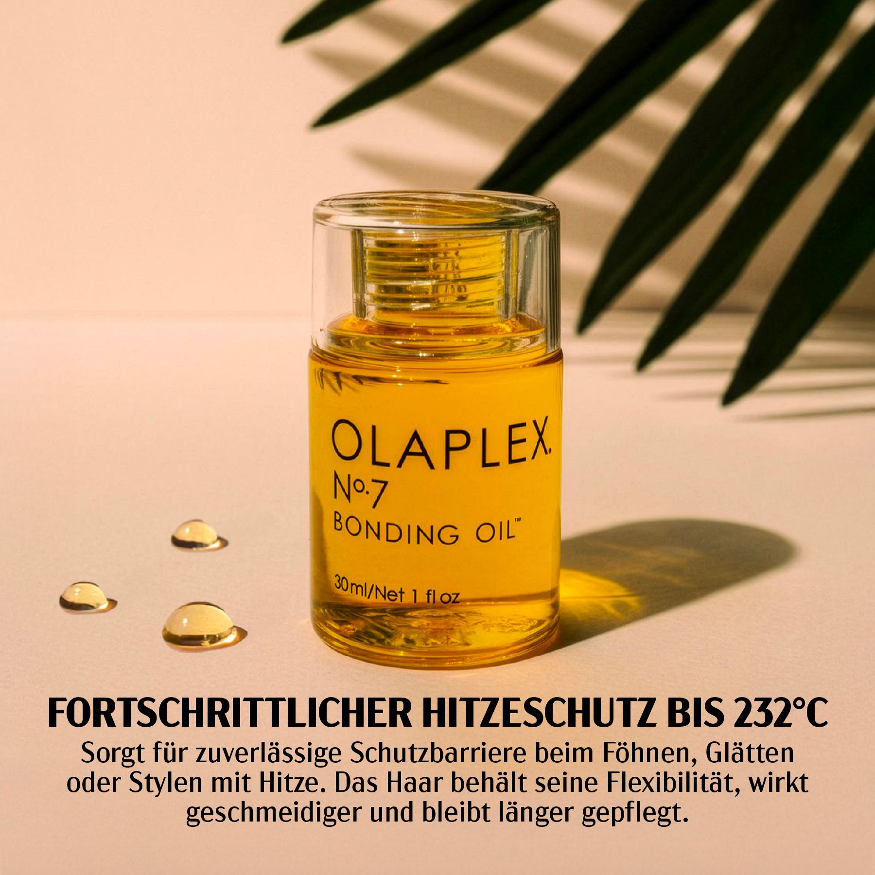 Flacone di Olaplex Nr. 7 Bonding Oil. Olio giallo. Testo: Protezione termica avanzata fino a 232°C.