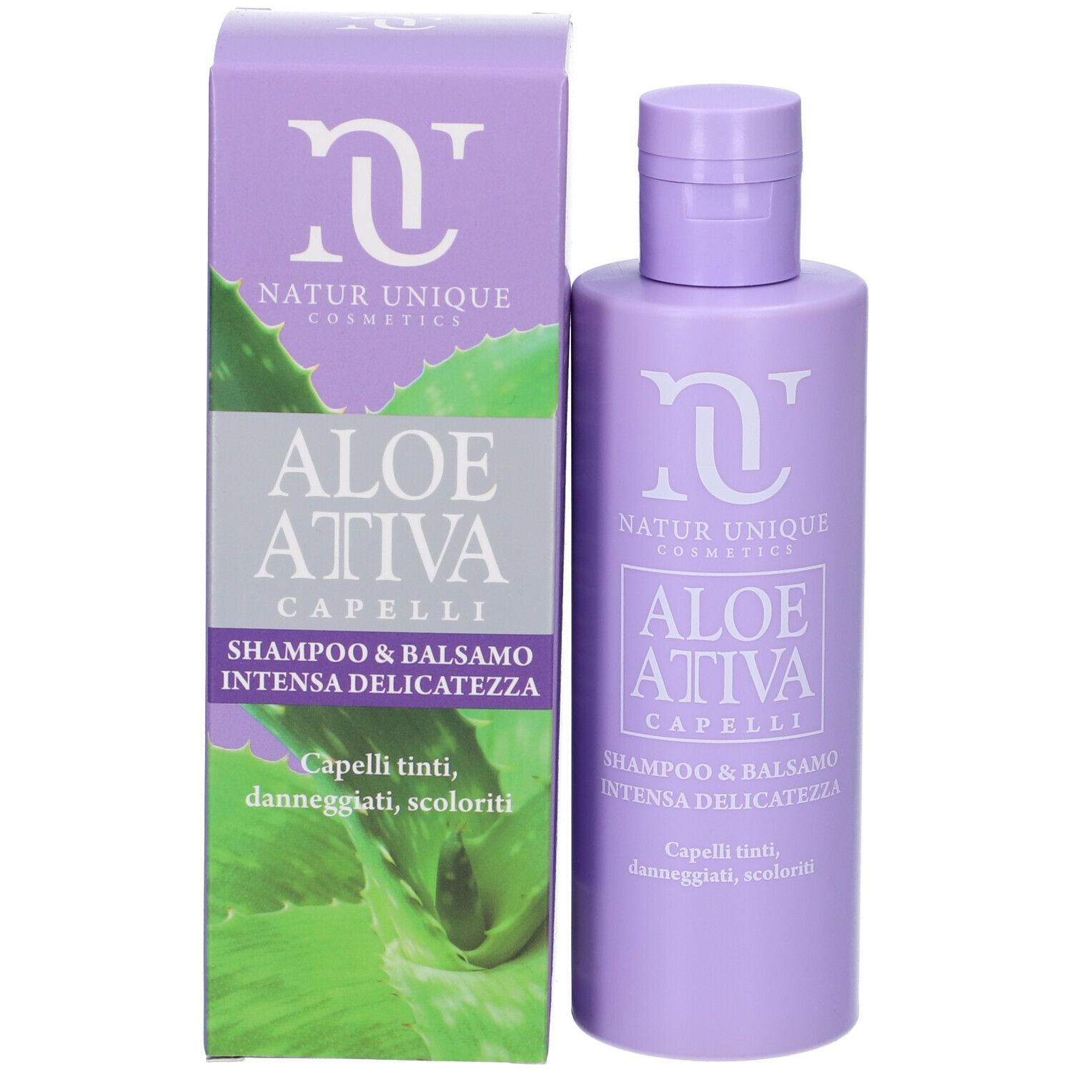 Flacone e scatola di shampoo viola. Scritta: Natur Unique Cosmetics, Aloe Attiva Capelli, Intensa Delicatezza. Per capelli colorati, danneggiati.