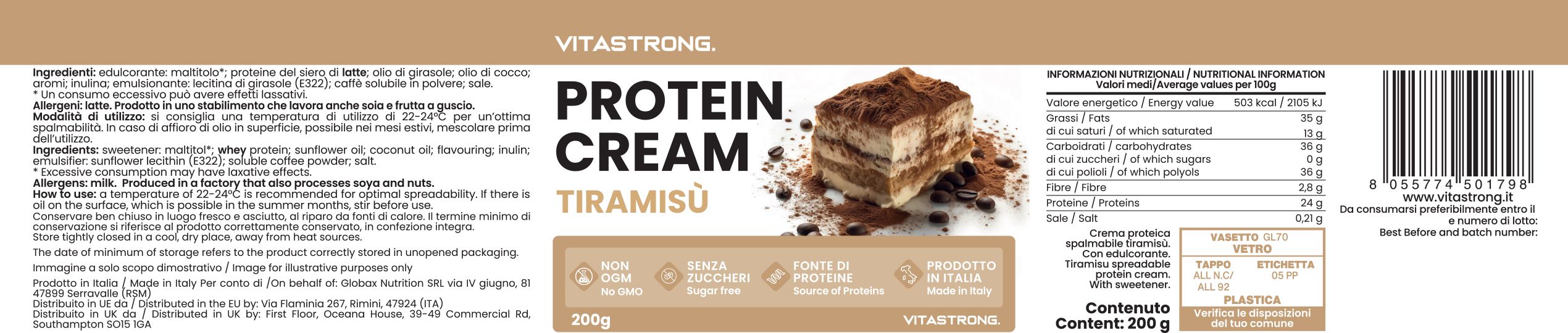 Etichetta Vitastrong Protein Cream Tiramisù. Ingredienti, informazioni nutrizionali e codice a barre. Senza zuccheri aggiunti.