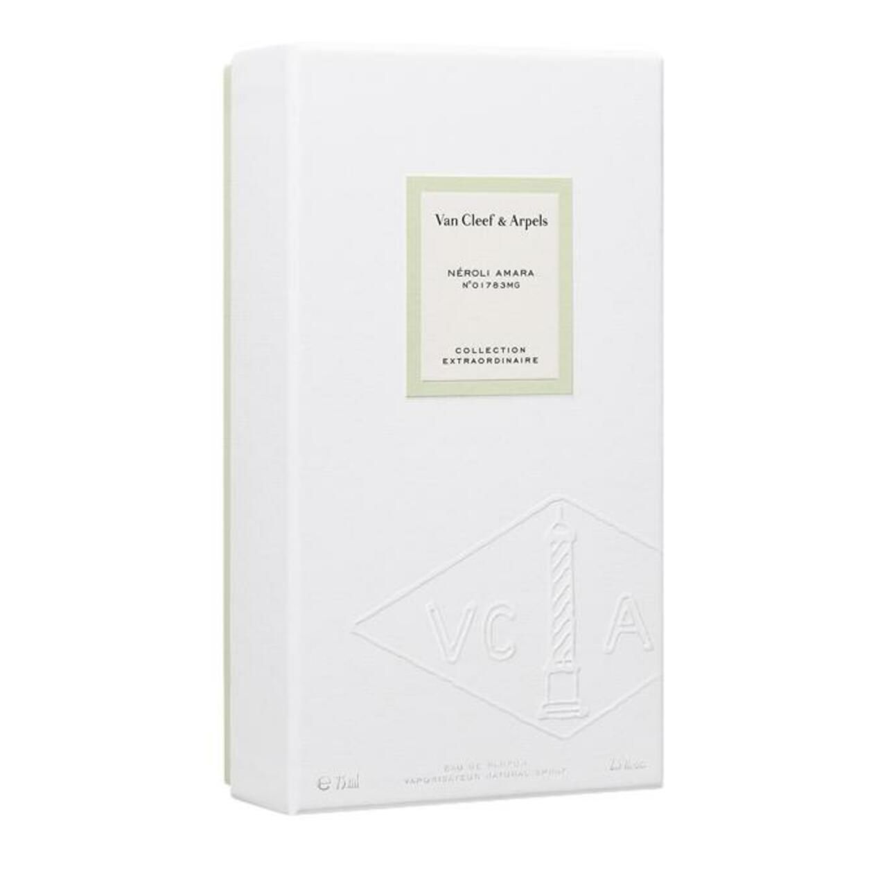 Confezione bianca con informazioni sul prodotto e logo. Scritta: Van Cleef & Arpels, Néroli Amara, Collection Extraordinaire.